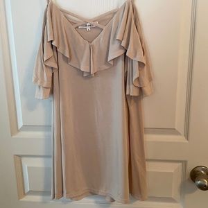 Light tan, colder shoulder top, with ruffles